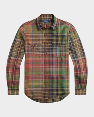 Men's Classic-Fit Plaid Linen Casual Shirt