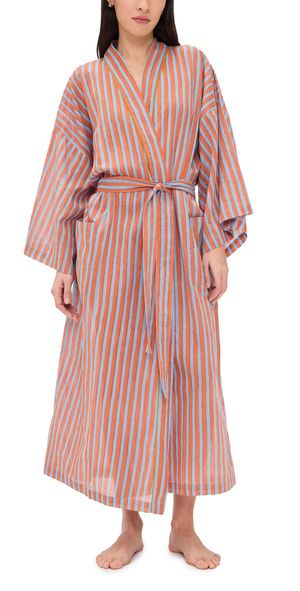 Folkloore Striped Robe Blue & Orange Stripes w/ Green One Size