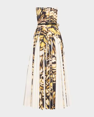 Strapless Pleated Butterfly Poplin Ankle Dress With Belt