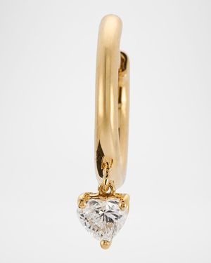 18K Yellow Gold Huggie Earring with Heart Diamond Drop, Single