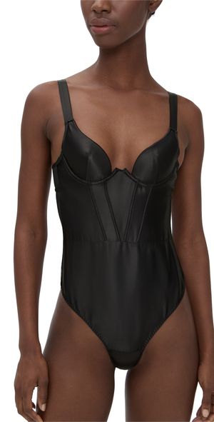 Bluebella Verona Luxury Satin Wired Push-Up Thong Bodysuit Black 34B