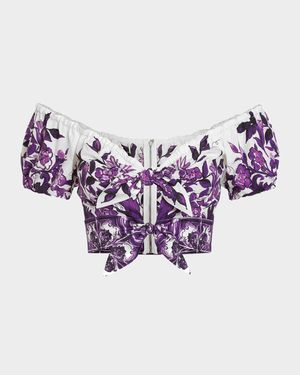 Majolica Poplin Off-The-Shoulder Puff-Sleeve Crop Top