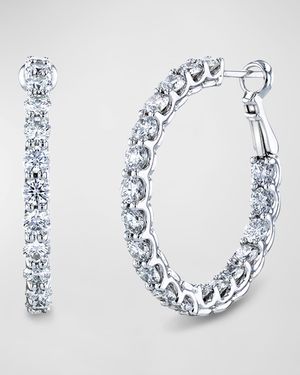 18K White Gold Round Diamond Wire Cup Hoop Earrings, 1"L, 2.85tcw