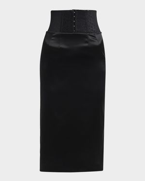 Corset-Waist Stretch Satin Midi Skirt