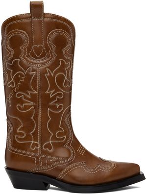 GANNI Bottes de cowboy hauteur mi-mollet brunes à ornements brodés
