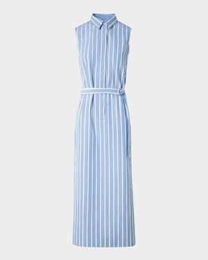 Striped Sleeveless Belted Cotton Midi Shirtdress