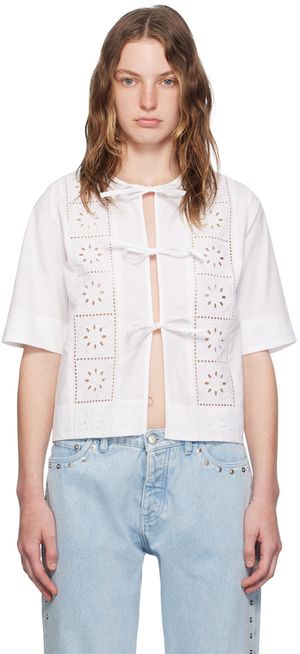 GANNI White Self-Tie Blouse