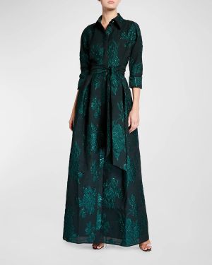 Belted Jacquard Shirtdress Gown