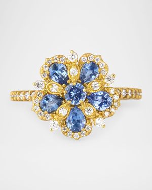 18K Yellow Gold Jasmine Bloom Diamond and Blue Sapphire Statement Ring