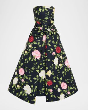 Strapless English Roses Faille Tea-Length Dress
