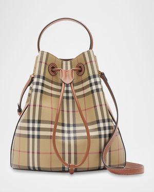 Check Small Drawstring Bucket Bag