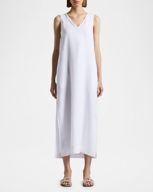 Sleeveless Chain-Trim Linen Midi Dress