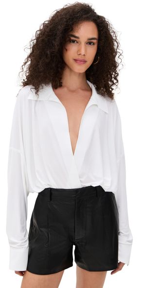 Norma Kamali Super Oversized Boyfriend Neck Shirt Bodysuit Snow White XS