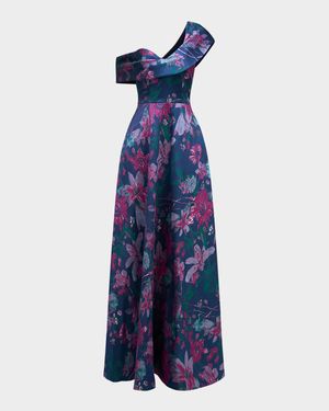 Angelica Asymmetric Floral-Print Gown