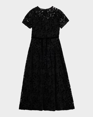 Farah Puff-Sleeve Velvet Lace Midi Dress