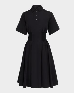 Short-Sleeve Cinched-Waist Poplin Midi Shirtdress