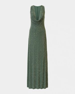 Sunni Plunging Cowl-Neck Crystal Mesh Gown