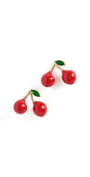 By Adina Eden Red Enamel and Green CZ Cherry Stud Earrings Gold One Size