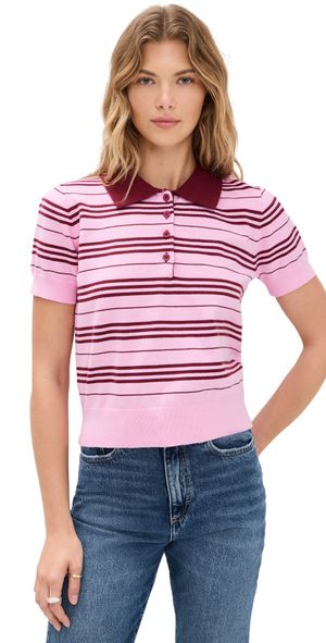 English Factory Striped Polo Knit Top Pink/Burgundy XS