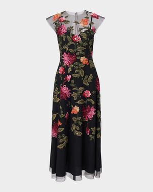 Floral-Embroidered Tulle Midi Dress