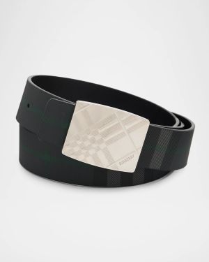 Men's Check-Engraved Buckle Reversible Leather Belt