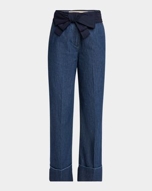 Chambray Denim Pants with Bow