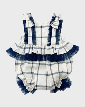 Girl's Checkered Linen Ruffle Romper, Size 3M-4