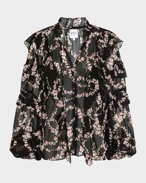 Lupe Chained Blossom Ruffled Chiffon Blouse
