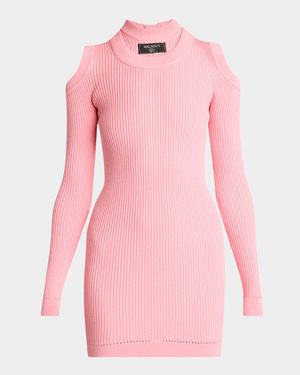 Double-Collar Cold-Shoulder Rib Mini Dress