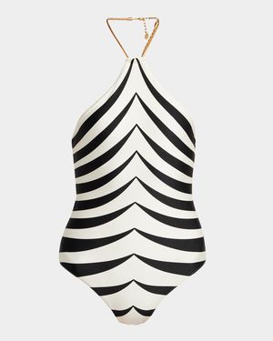 Optical Scaloppe-Print Halterneck One-Piece Swimsuit With Chain