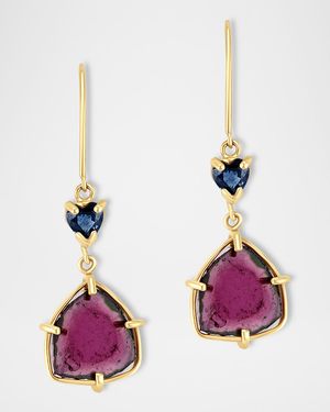 Pink Tourmaline and Sapphire Heart Drop Earrings in 14K Yellow Gold