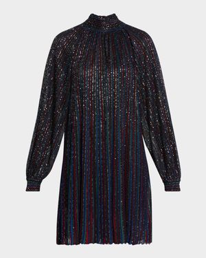 Paillette Striped Long-Sleeve Mini Dress