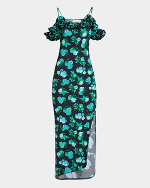 Apple-Print Ruffle Off-The-Shoulder Midi Dress