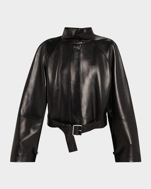 High-Neck Leather Belted Crop Trench Jacket