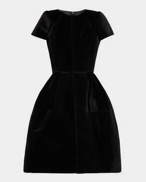 Pleated Velvet Short-Sleeve Fit-&-Flare Dress