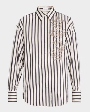 Regimental Striped Herbarium Embroidered Button-Down Top