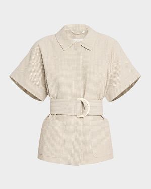 Gingham Seersucker Short-Sleeve Jacket With Belt