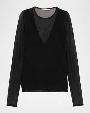 V-Neck Long-Sleeve Sheer Knit Top
