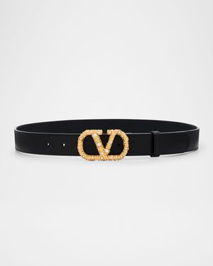 VLogo Signature Rhinestone & Faux Pearl Leather Belt, 30mm