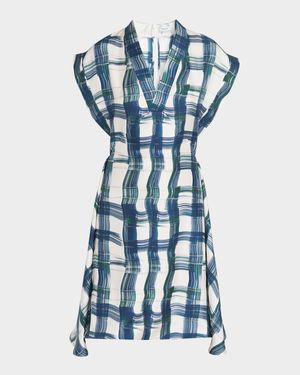 Brushstroke Check Short Silk Dress