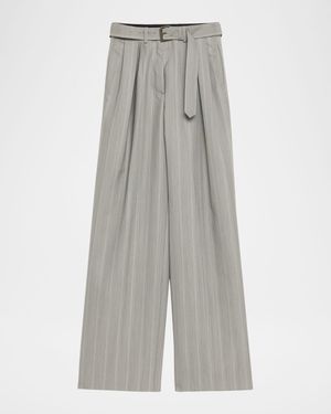 Peaches Belted Pinstripe Wide-Leg Pants