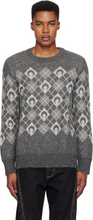 Marine Serre Gray Moon Argyle Knit Crewneck Sweater