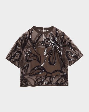 Sequined Floral Crispy Silk Chiffon Short-Sleeve Blouse