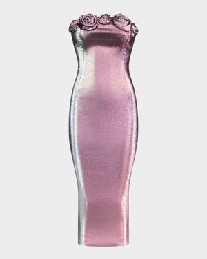 Strapless Lame Rosette Midi Dress
