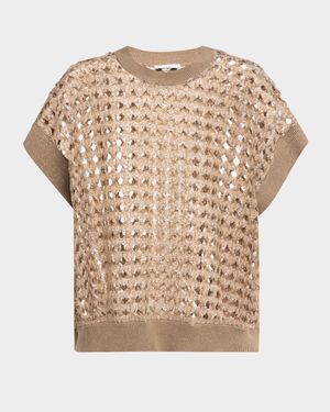Short-Sleeve Paillette Cotton-Jute Open Knit Sweater