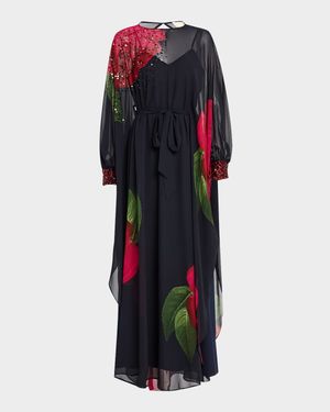 Gilda Floral-Print Chiffon Cape Gown