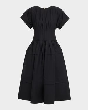 Short-Sleeve Pleated-Waist Midi Dress