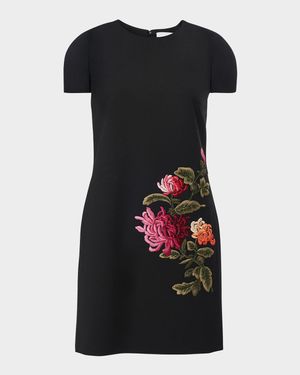 Floral Embroidered Wool Mini Shift Dress