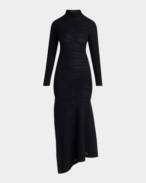Asymmetric Tonal Striped Jersey Mock-Neck Midi Dress
