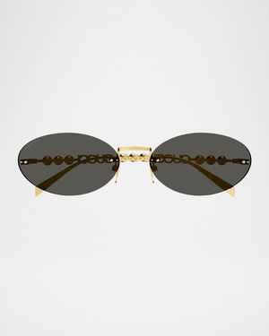 Rimless Metal Oval Sunglasses with Faux Pearls